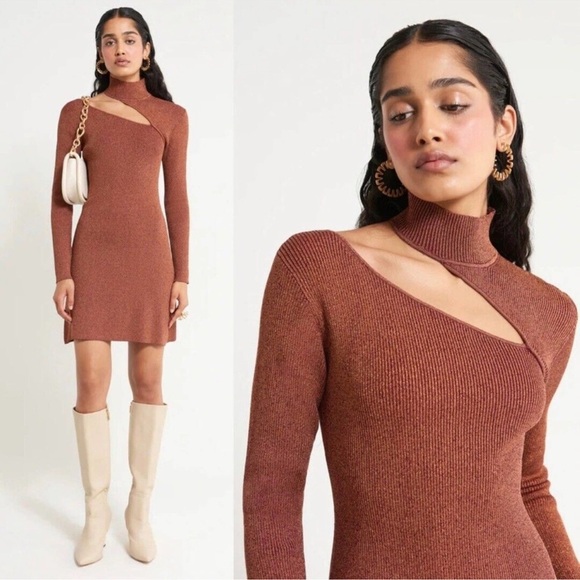 Cult Gaia | AW22 Jet Lurex Metallic Knit Cut Out Long Sleeve Dress Rust Brown XL - Picture 1 of 8